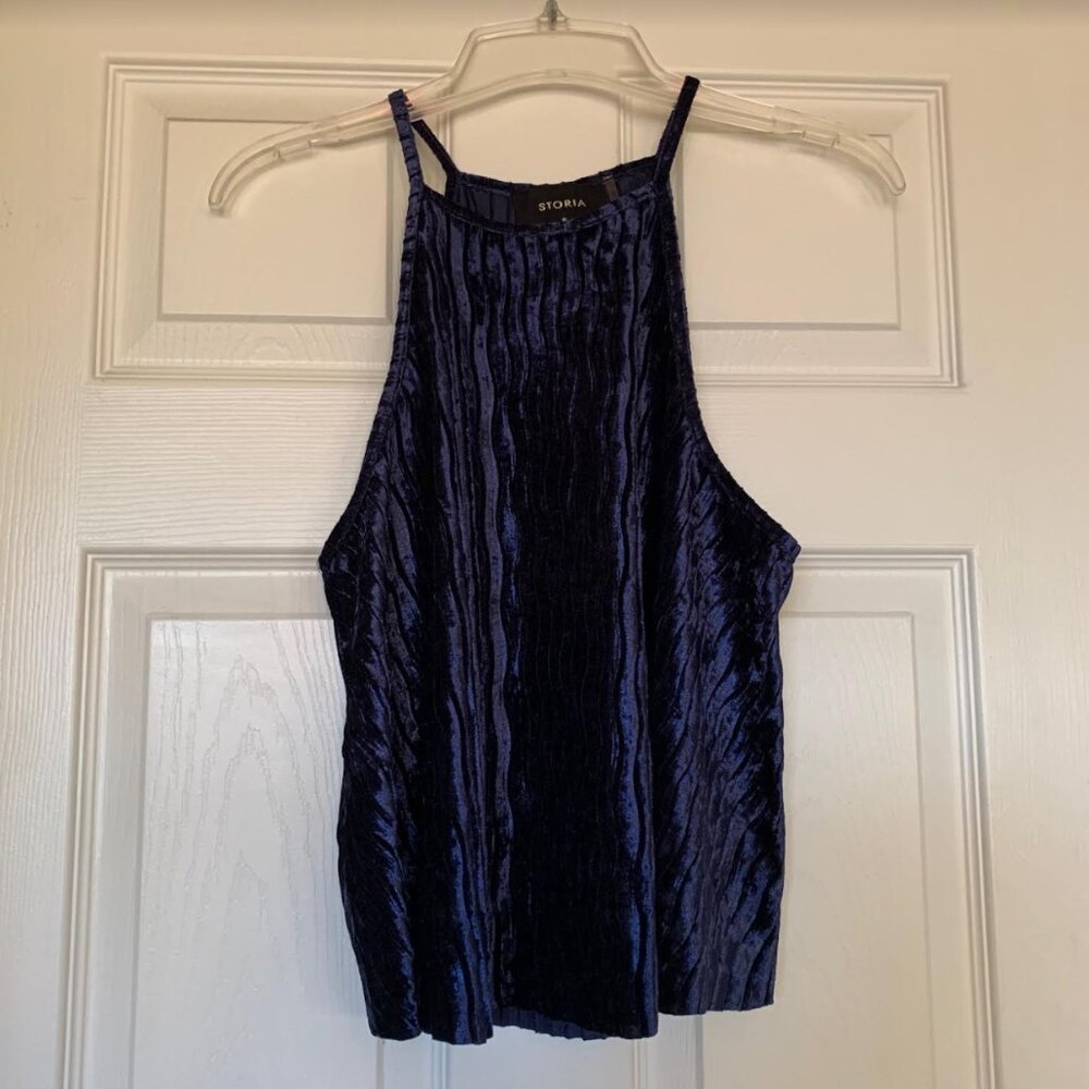 Velvet High Neck Tank Top - Wavy Pattern, Navy Blue